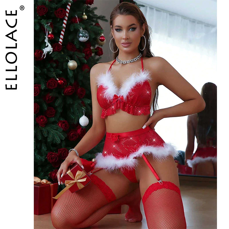 

Ellolace Christmas Sexy Lingerie Cute Fluffy Halter Bra Panty Skirt 3PC with Stockings Sparkling Sequin Festival Underwear
