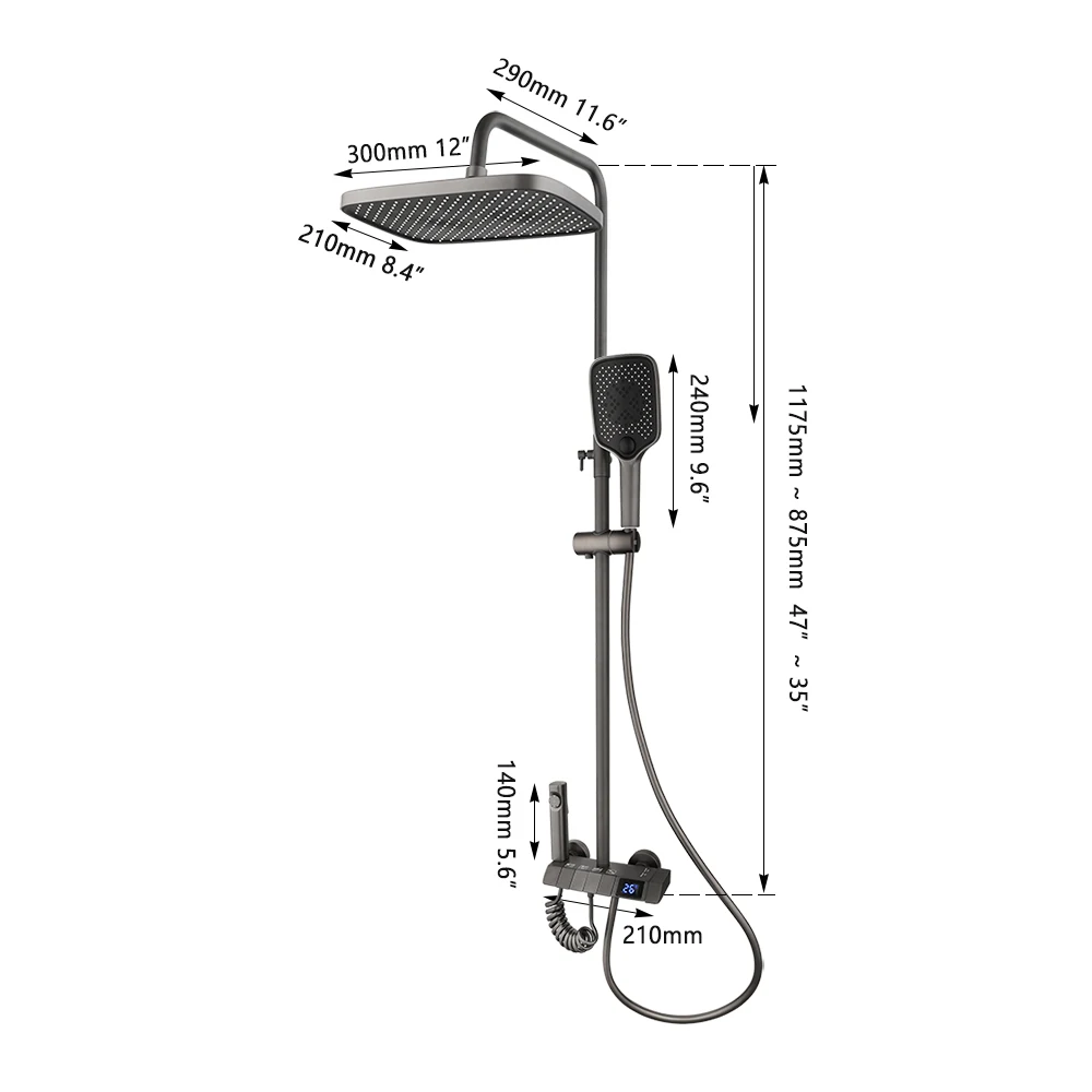 ZAPPO Grey Shower Faucet Set Digital Display Shower Mixer Piano Key Design Bathroom Rainfall Shower Set Hot Cold Water Mixers