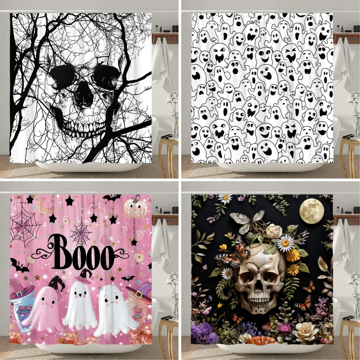 

Halloween Shower Curtain Skulls Boho Vintage Floral Scary Trick or Treat Elf Polyester Shower Curtains Bathroom Decor with Hooks