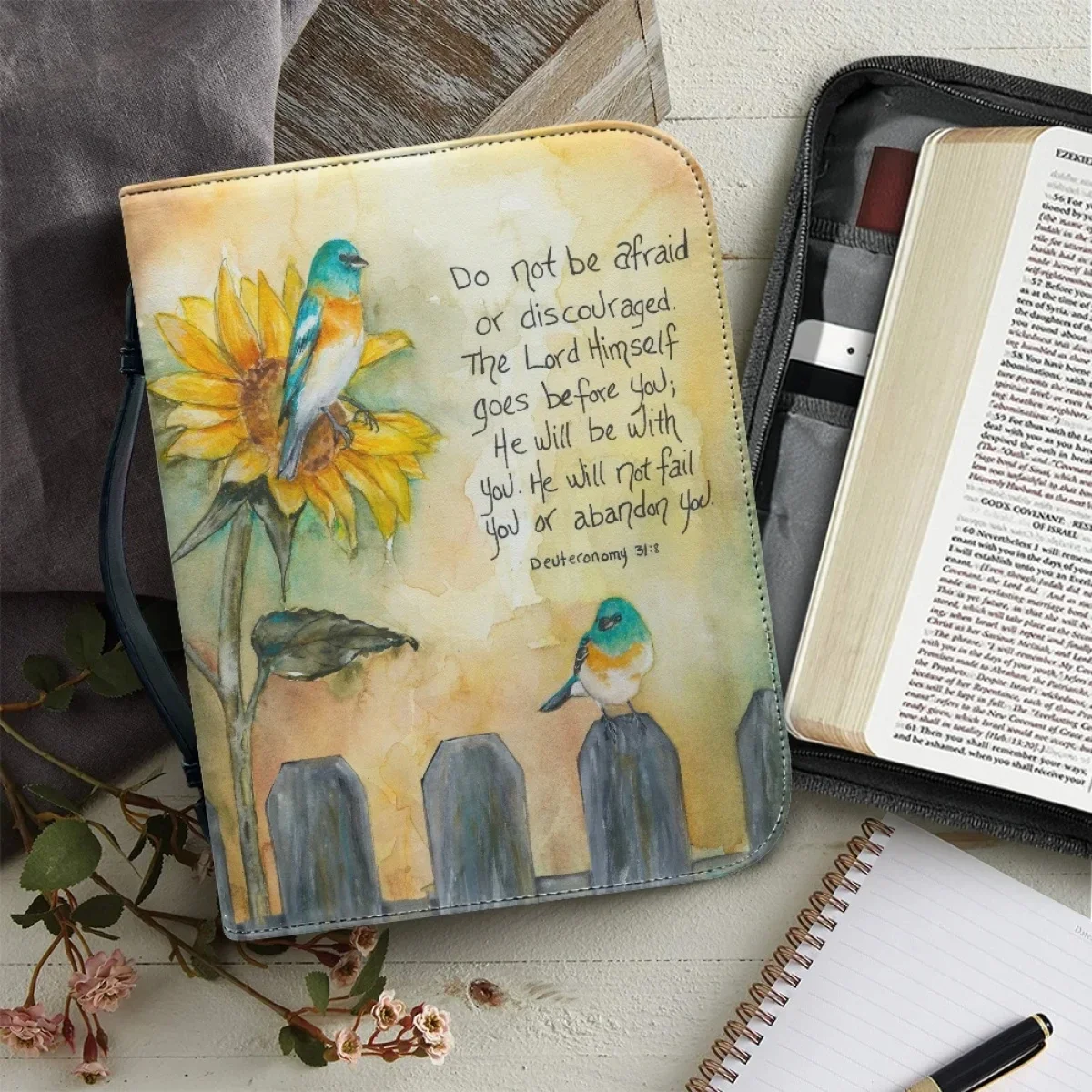 Poetry Sunflower Print Bible Bag Zippered Handle Leather Bible Storage Bags Carrying Study Book Holy Storage Women Boxes