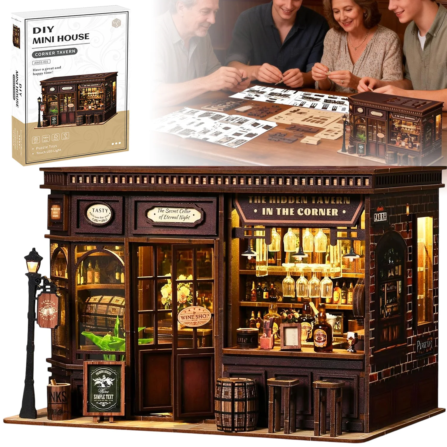 327-teiliges DIY-Eck-Bistro-Modellbausatz, Miniatur-Holzpuzzle-Haus, kreative Buchnischen-Dekoration, Modelldekoration als Geschenk, 23*15*15cm