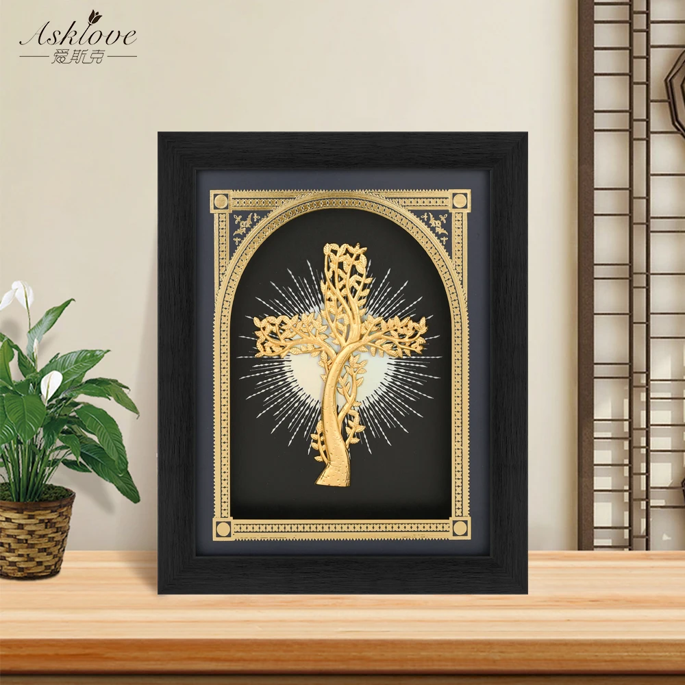 Cross Decorative Painting The Tree of Life Of The Cross 24K Gold Foil Painting Wall Pictures Desktop Ornament Home Decor Gift