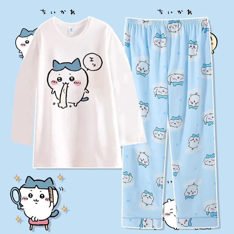 Chiikawa Cotton Pajamas Set Hachiware Usagi Cartoon Long Sleeves Trousers Homewear Suit Anime Nightwear Cute Sleepwear Girl Gift