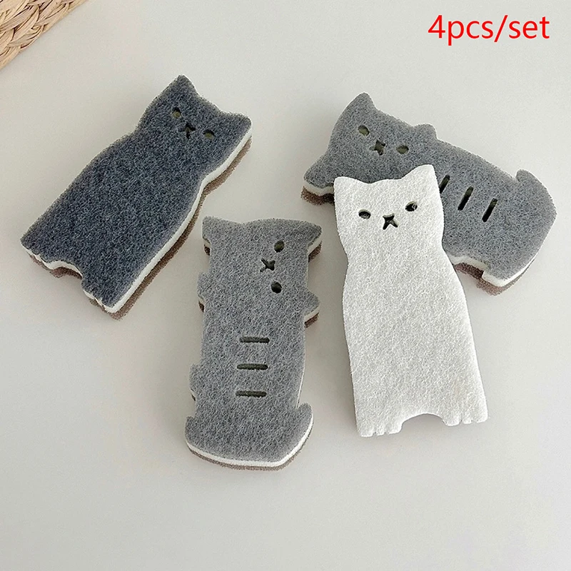 4-piece Cute Cat Kitchen Sponge Set - Thick And Durable Dishwashing And Cleaning Tools