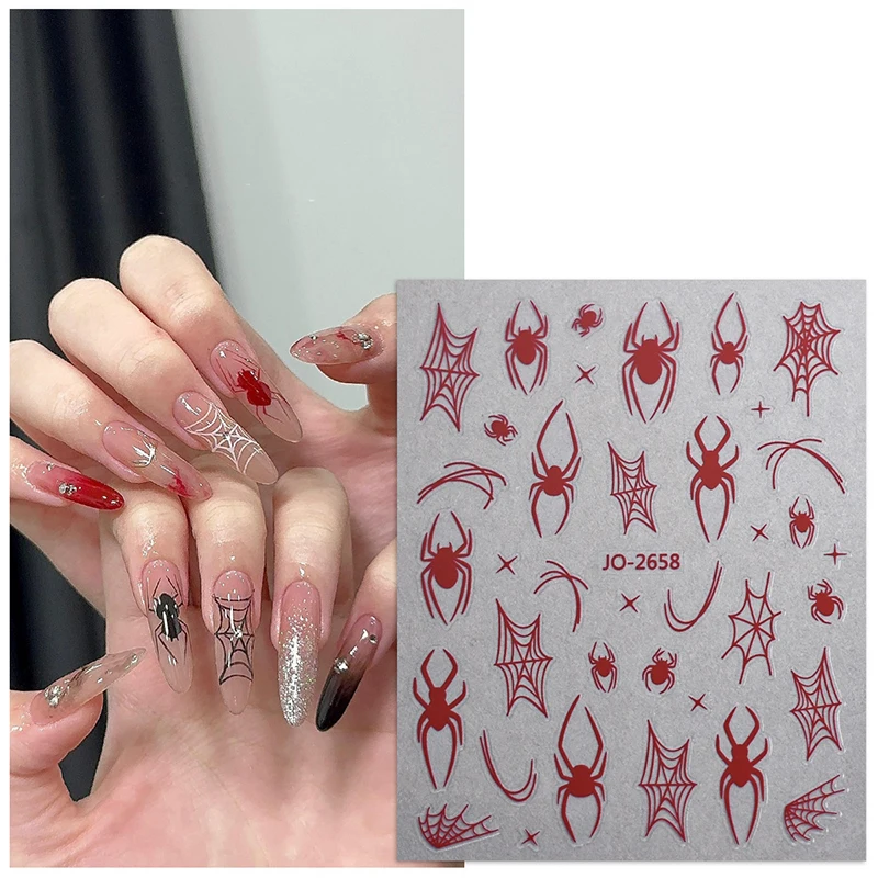 Black Red Spider Halloween Nail Art Stickers Heart Spider Webs Designs Self-Adhesive Slider For Manicure Decoration Sticker