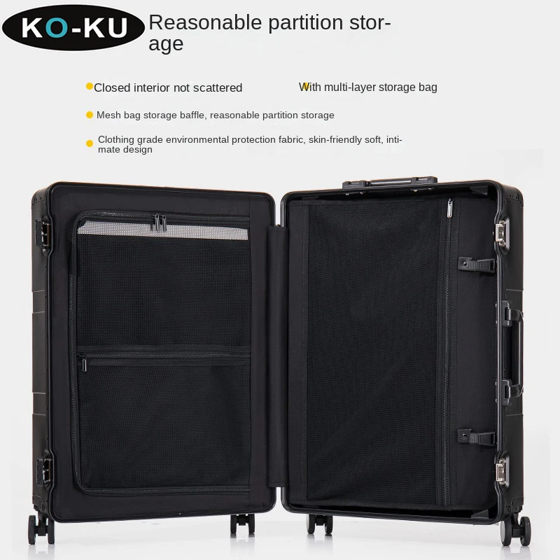 KO-KU All Aluminium Magnesium Alloy Opening Luggage 20Inch Boarding Box High-end 24/28 Inch Business Trolley Case Metal Suitcase