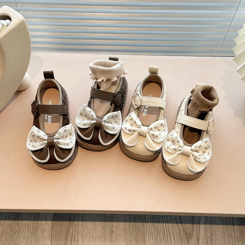 

New Children's Leather Shoes Fashion Patchwork Bowknot Princess Shoes for Girls Non-slip Versatile Kids Dress Flat Single Shoes