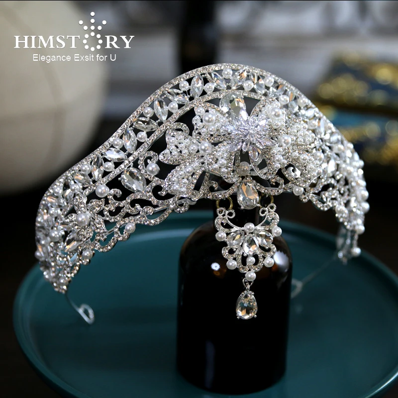 

Himstory Tiaras and Crowns Hairband Luxury Rhinestone Frontlet Bowknot Wedding Hair Accessories for Women Pearl Hairwear