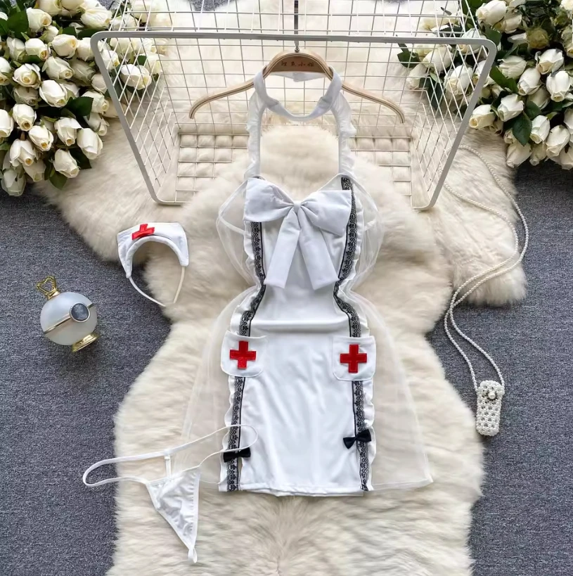 

Sexy Nurse Lingerie Set - Sheer Lace Teddy with Garters & Bow Tie, Hot Roleplay Costume for Bedroom