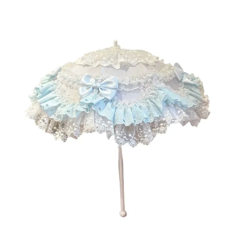 Lolita Handmade Parasol Light Blue Lace Pearl Bow Umbrella, Wedding Bridal Tea Party Cosplay Photography Prop