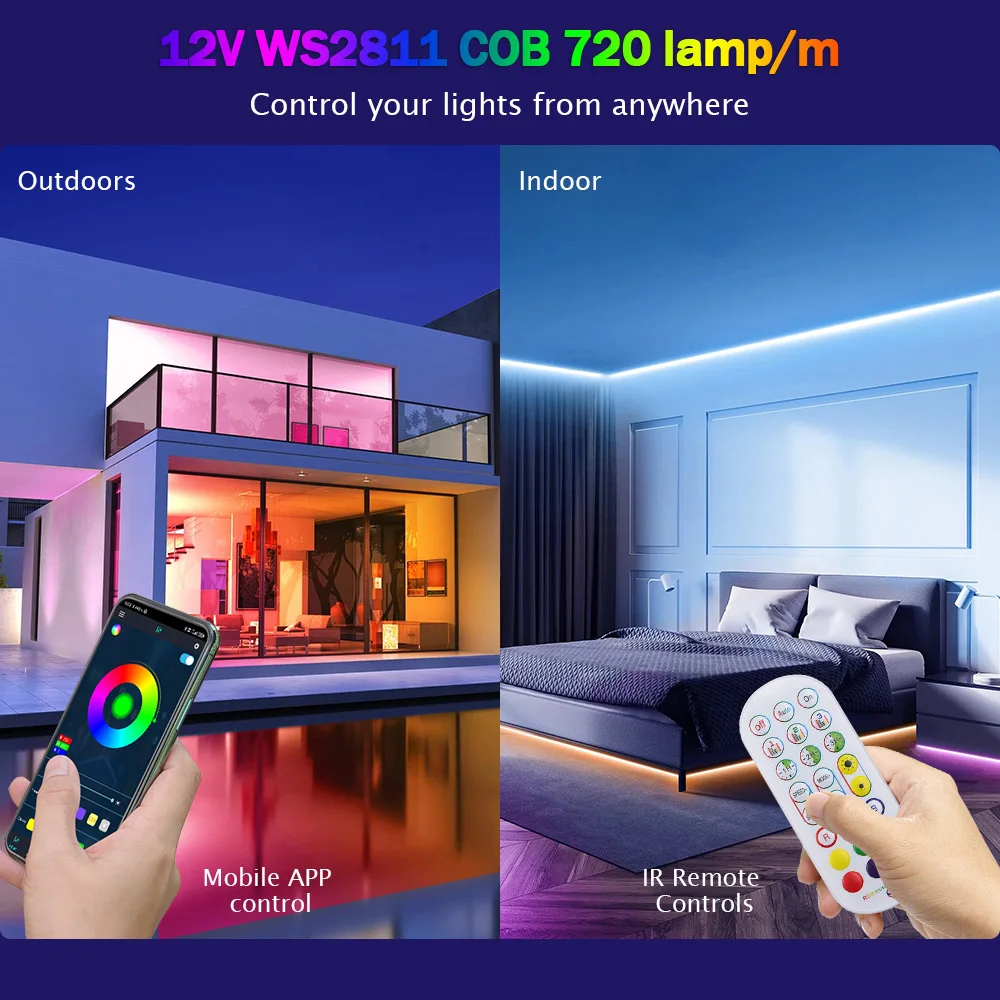 12V 24V WS2811 RGB COB LED Strip Light Wifi Bluetooth-compatible Remote Control Power Kit 720 LEDs Flex Tape Dimmable Decoration