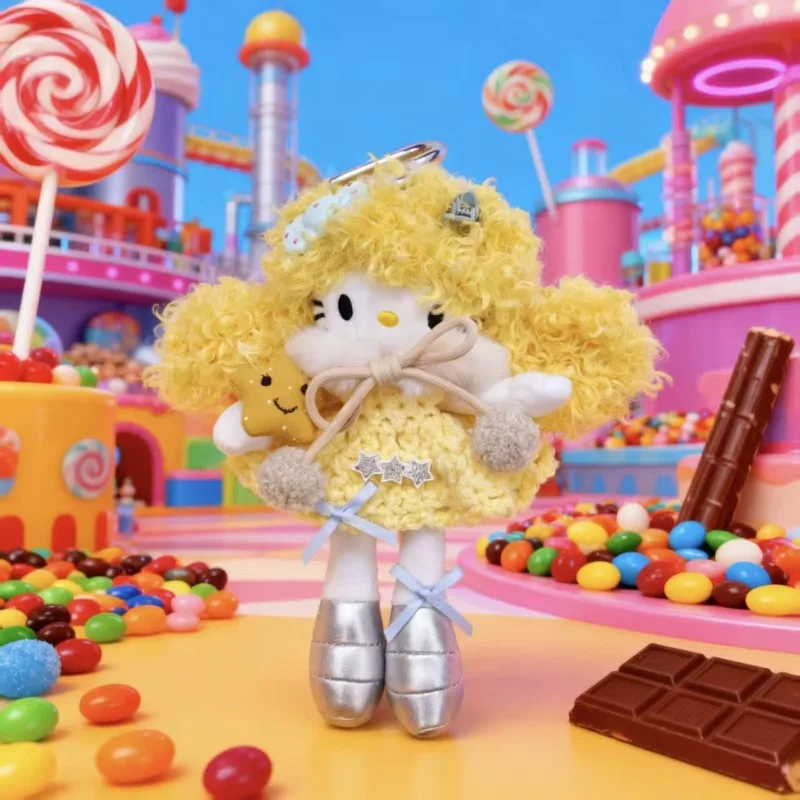 Kawaii سانريو الكرتون مرحبا كيتي طويلة أرجل كيتي القهوة الملونة الجلد مجعد تصفيف الشعر حقيبة يد سحر أفخم الدمى سلاسل المفاتيح #4