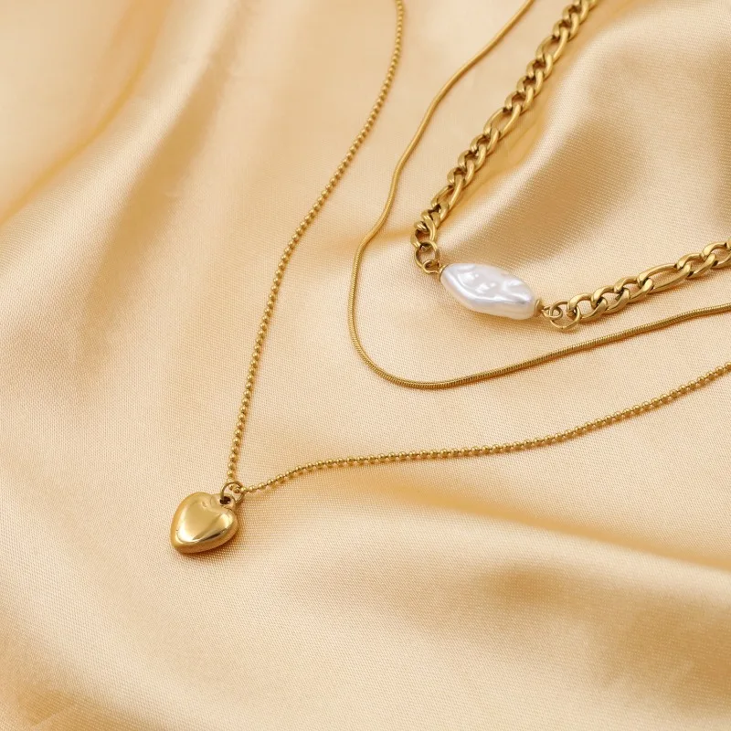 

Ожерелье с подвеской в виде сердца из 18-каратного золота и титановой стали, трехслойное, женское, высококачественное, легкое и роскошное, с жемчугом, не тускнеет