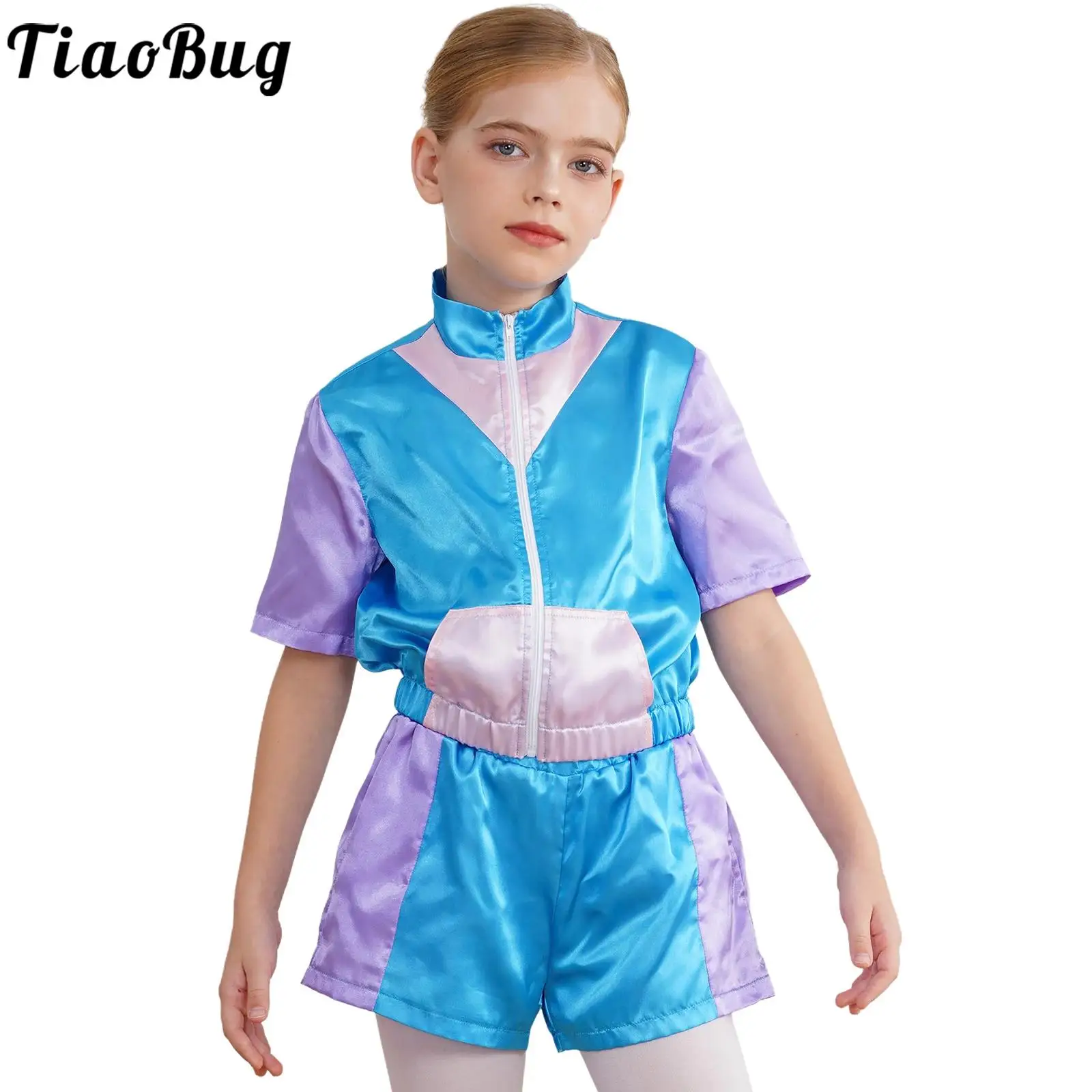 Kids Boys Girls 80s Disco Dance Hip Hop Costume Short Sleeve Color Block Crop Top And Shorts Sets Retro Tracksuit Sportswear