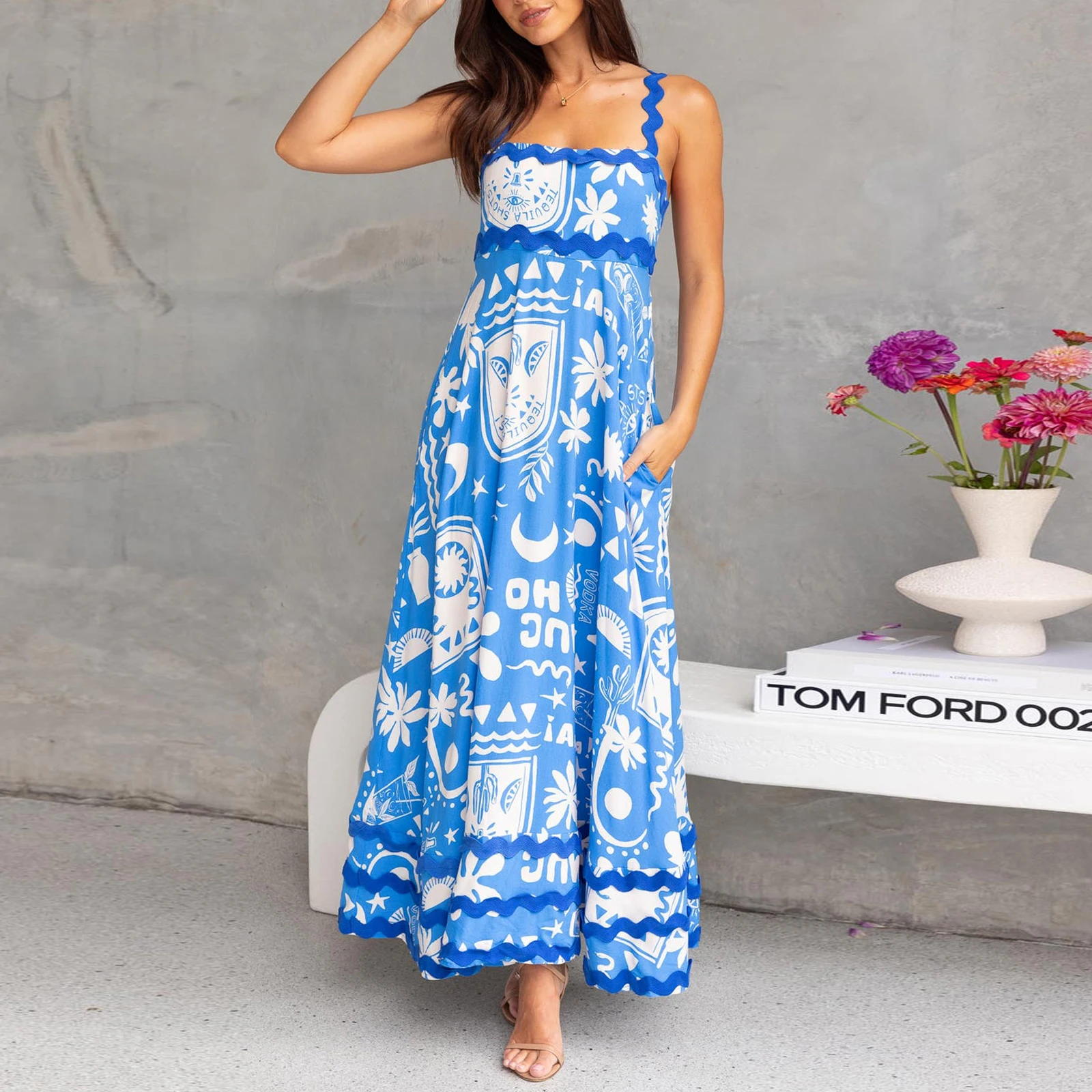 

Women Y2K Aesthetic Slip Dress, Sleeveless Sun Print Swing Dress Summer Long Dress for Daily Party