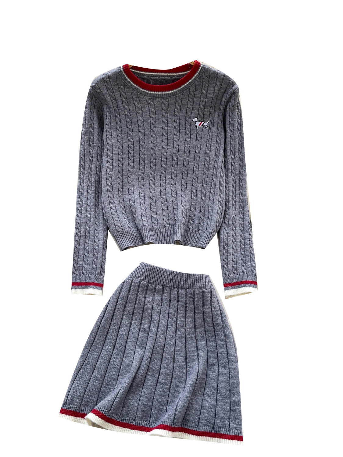 Set Sweater Rajut Anti-Penuaan dengan Bordir, Rok Panjang Pinggang Tinggi, Model Bulat, Gaya Musim Gugur untuk...