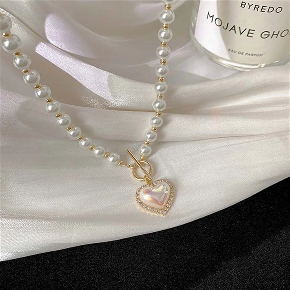 Modischer Imitationsperlenkragen Vintage ABS-Perlenanhänger Halskette für Frauen Einfache OT-Schnalle Schlüsselbeinkette Partyschmuck – Detail 3