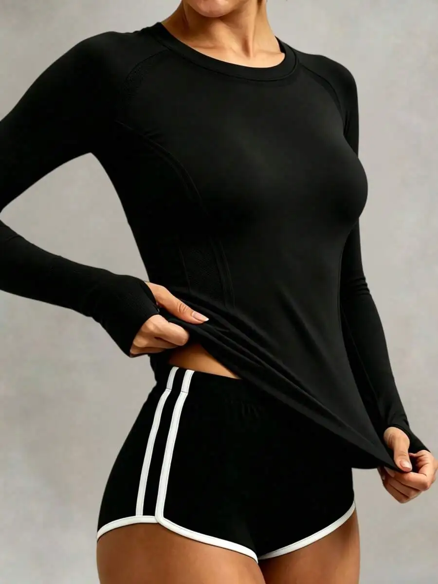 OZL Women's Yoga Wear Gradient Long-Sleeved Sports Four-Piece Set - High-Elasticity Round Neck Top With Thumb Loops And Black