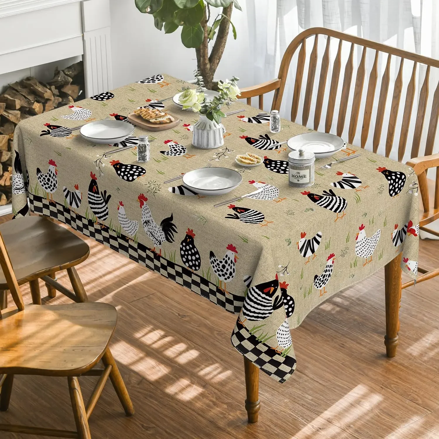 1pc Rustic Tablecloth Black White Chicken Print Table Cover For Kitchen Dining Room Decorative Dustproof Rectangular Cloth