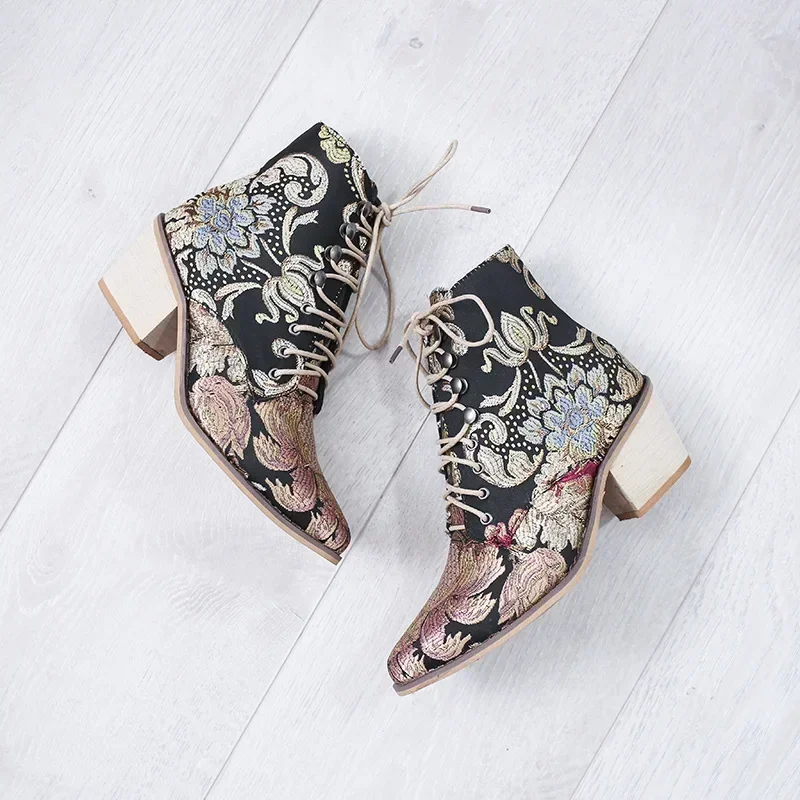 Ethnic Ladies Boots 2024 Spring Winter Embroidery Pointed-toe Platform Heels Ladies Fashion Ankle Boots for Women Botas De Mujer