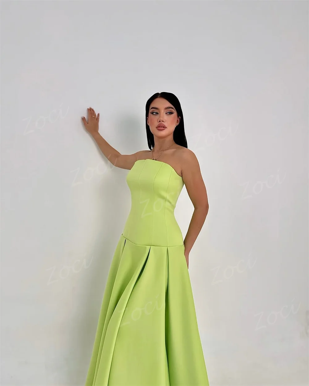 Zoci-vestidos de graduación sin tirantes, color verde fluorescente, satén de seda, sin mangas, vestido de fiesta caído, vestido de fiesta Formal largo personalizado