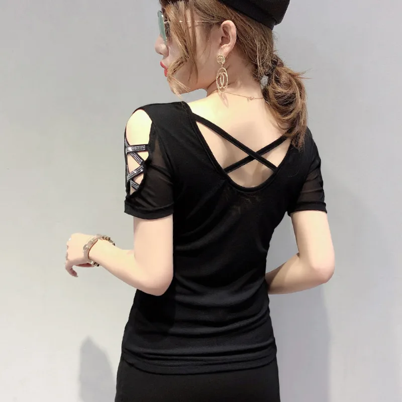 #7106 Sexy Backless T Shirt Femme Black Red Off Shoulder Tshirt Butterfly Diamonds Basic T-shirts Short Sleeve Women's Tee Shirt