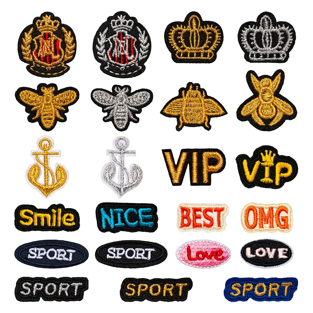 

Fashion Gold Silver Crown Bee VIP Badge Sport Letter Embroidery Patches for DIY Jacket Hat Clothes Coats Jeans T-shirt Bag Shoe