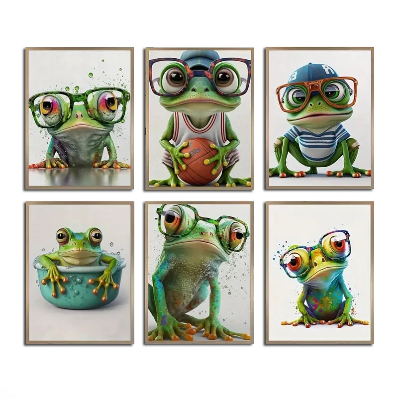 Canvas Prints Fashion Frog Wearing Baseball Cap Painting Watercolor Frog Poster Wall Art Pictures for Kids Room Decor