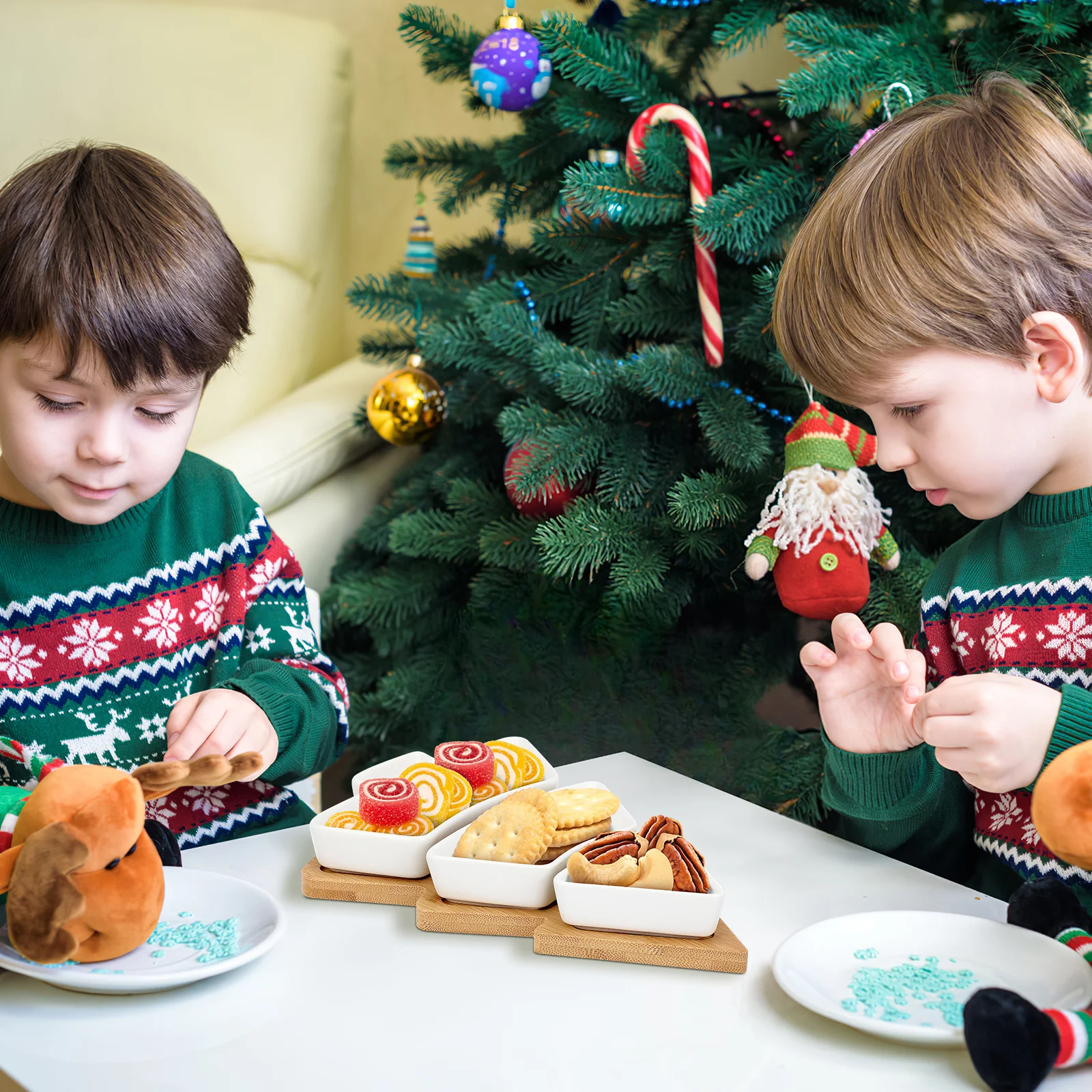 

Candy Plate Christmas Tree Shaped Ceramic Dish Tray Bamboo Base Dessert Serving Platter Holiday Party Appetizer Server