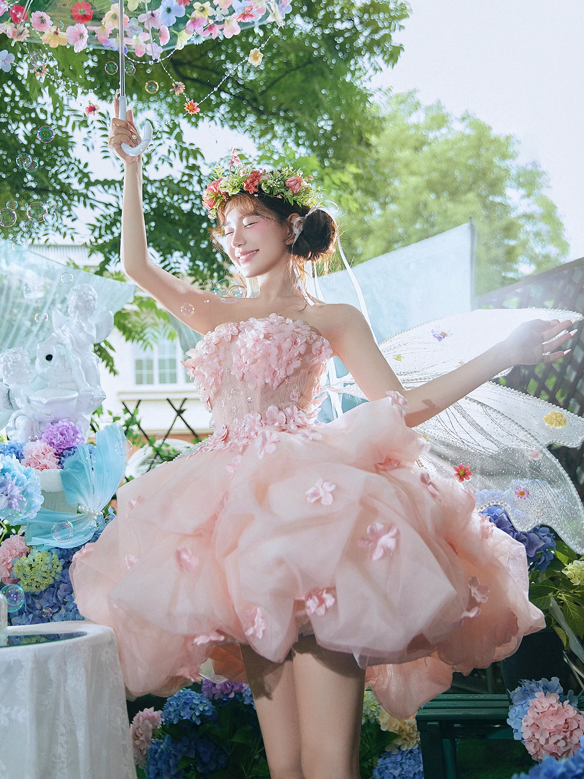 

Розовое свадебное платье, студенческое, для дня рождения, с цветочным принтом, юбка-принцесса, бальное платье без бретелек, короткая юбка с высокой талией