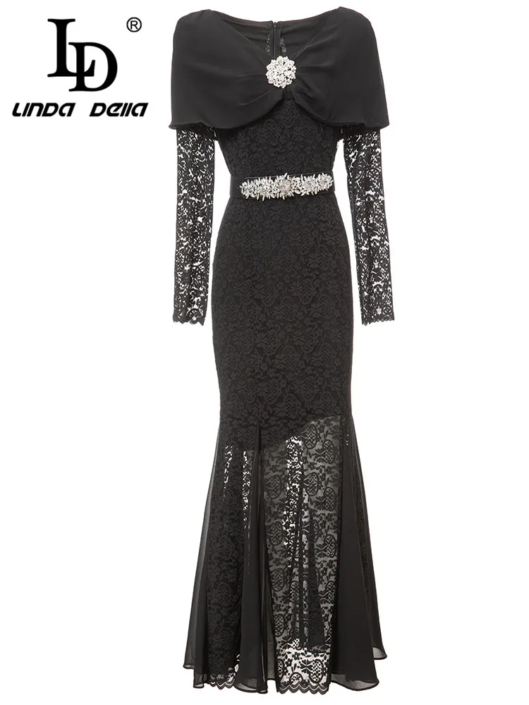 

LD LINDA DELLA Elegant Pretty Dress Women Black Lace Embossed hollow luxury Nail Bead Belt Slim Fit Draped fold Party Long Dress