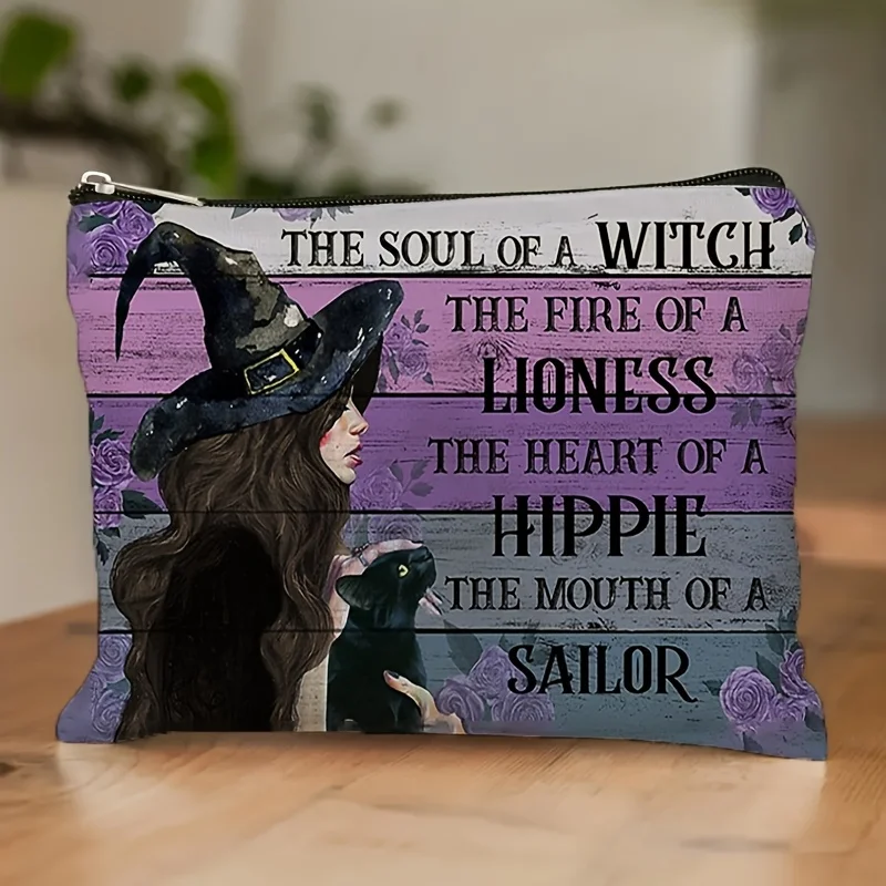 A Halloween Witch Pattern Makeup Bag - Cute Multi-functional Zipper Pouch, Jewelry Storage Bag, Perfect Travel Zipper Small Bag