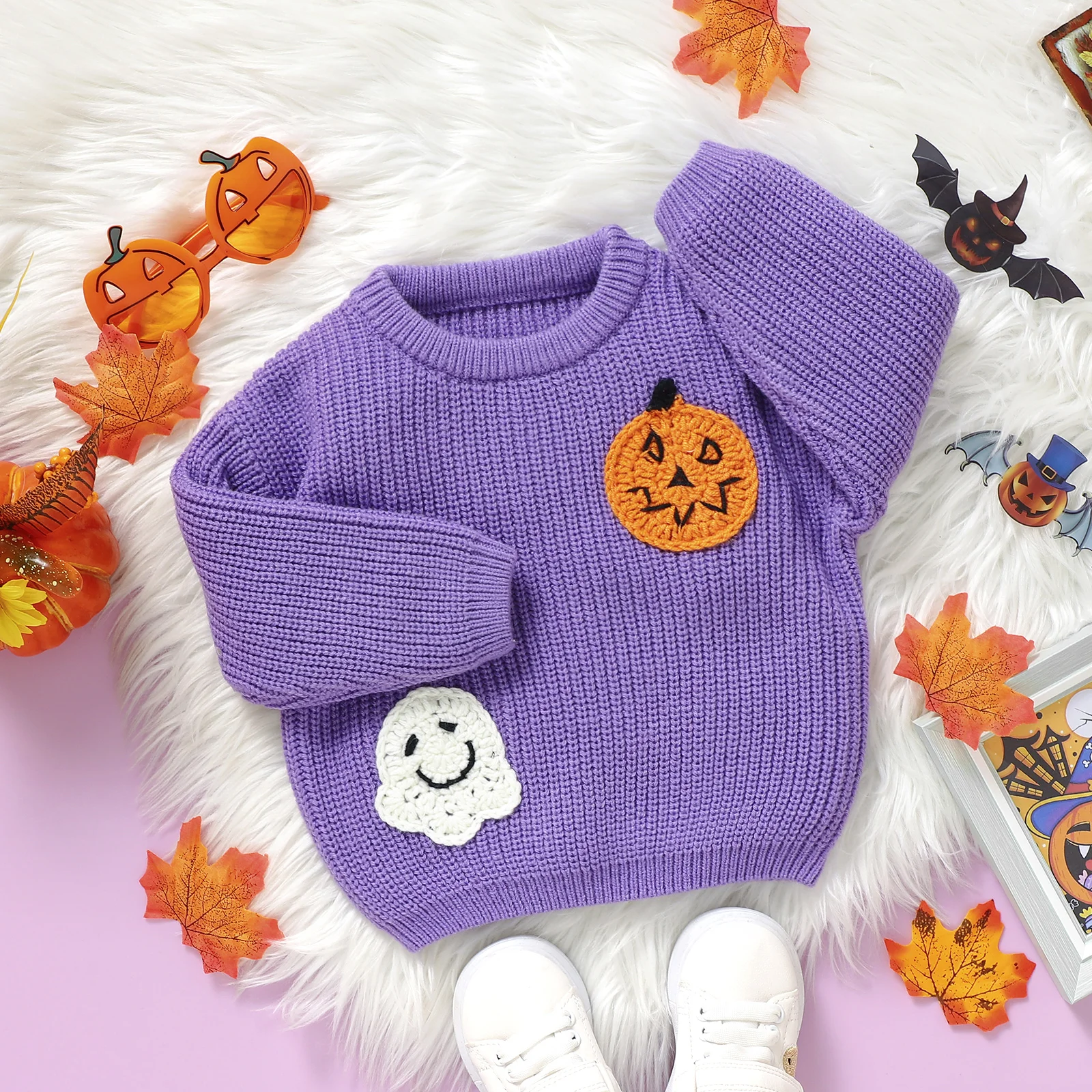 Baby Halloween Sweater, Long Sleeve Crew Neck Ghost Pumpkin Winter Warm Knit Pullover Sweater Infant Clothes for Girls Boys