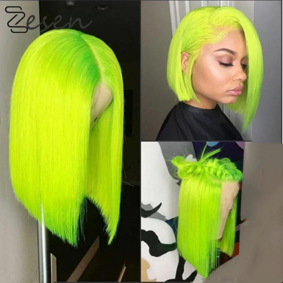 

13*4 Synthetic Lace Front Wig Straight Short Bob Hair Green Pink Color T Part Cosplay Heat Resistant Fiber Hair Wigs For Women