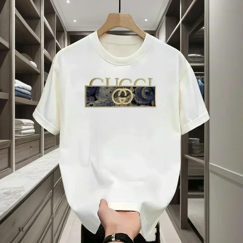 Verano 2025, nueva marca de lujo, estampado de letras, camiseta 100% de algodón puro de manga corta con cuello redondo para hombre