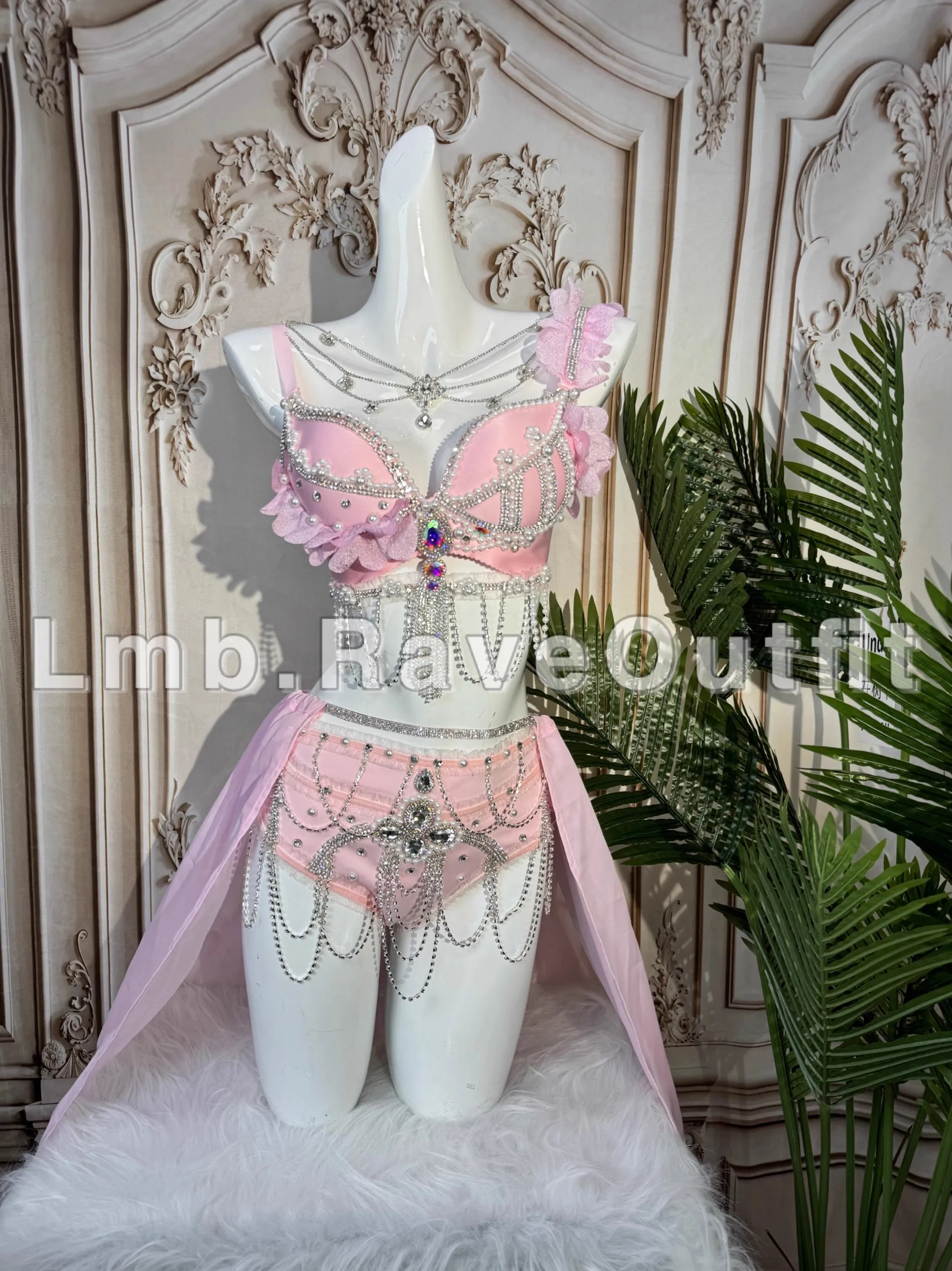 Pink Flower Sparkling Diamond Pearl Tassel Bikini Nightclub Bar Singer Dance Stage Electric Syllable Party Prom Drag Queen Wear