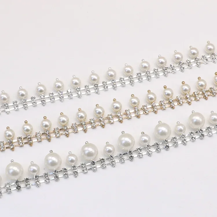 1 yard pearls rhinestones trim Ribbon crystal metal chain for dress,bag,shoes accessories