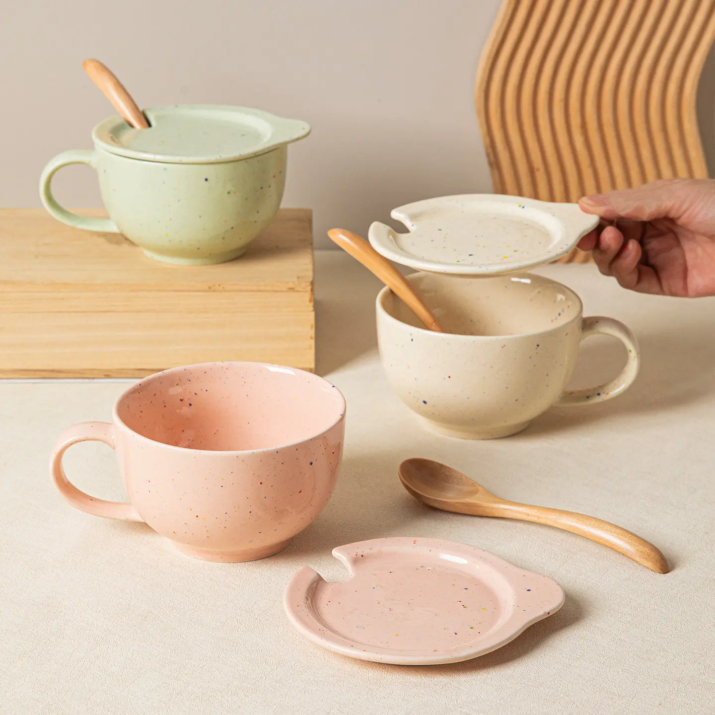 500ml Ceramic Mug Splashing Ink Style Breakfast Oatmeal Cup Large Capacity Water Cup with Lid and Wooden Spoon Yogurt Tea Mugs