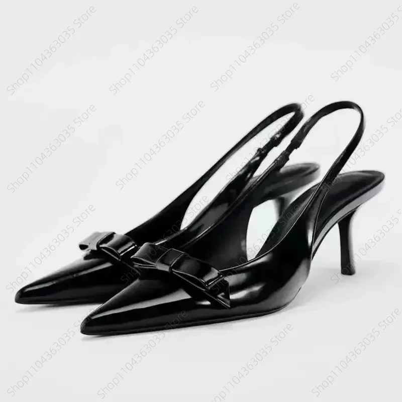 

2025 Modern Office Shoes for Women Black Wedding Slingback Pointed Toe Butterfly Decoration Female High Heeled Sandals