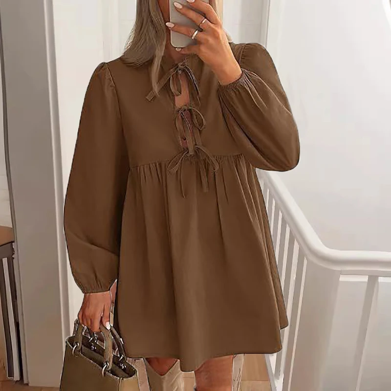 Elegant Women Shirt Dress Bow Hollow Out Long Sleeve Blue Dress Women Vacation Dresses Female Mini Dress Sweet Short Robe