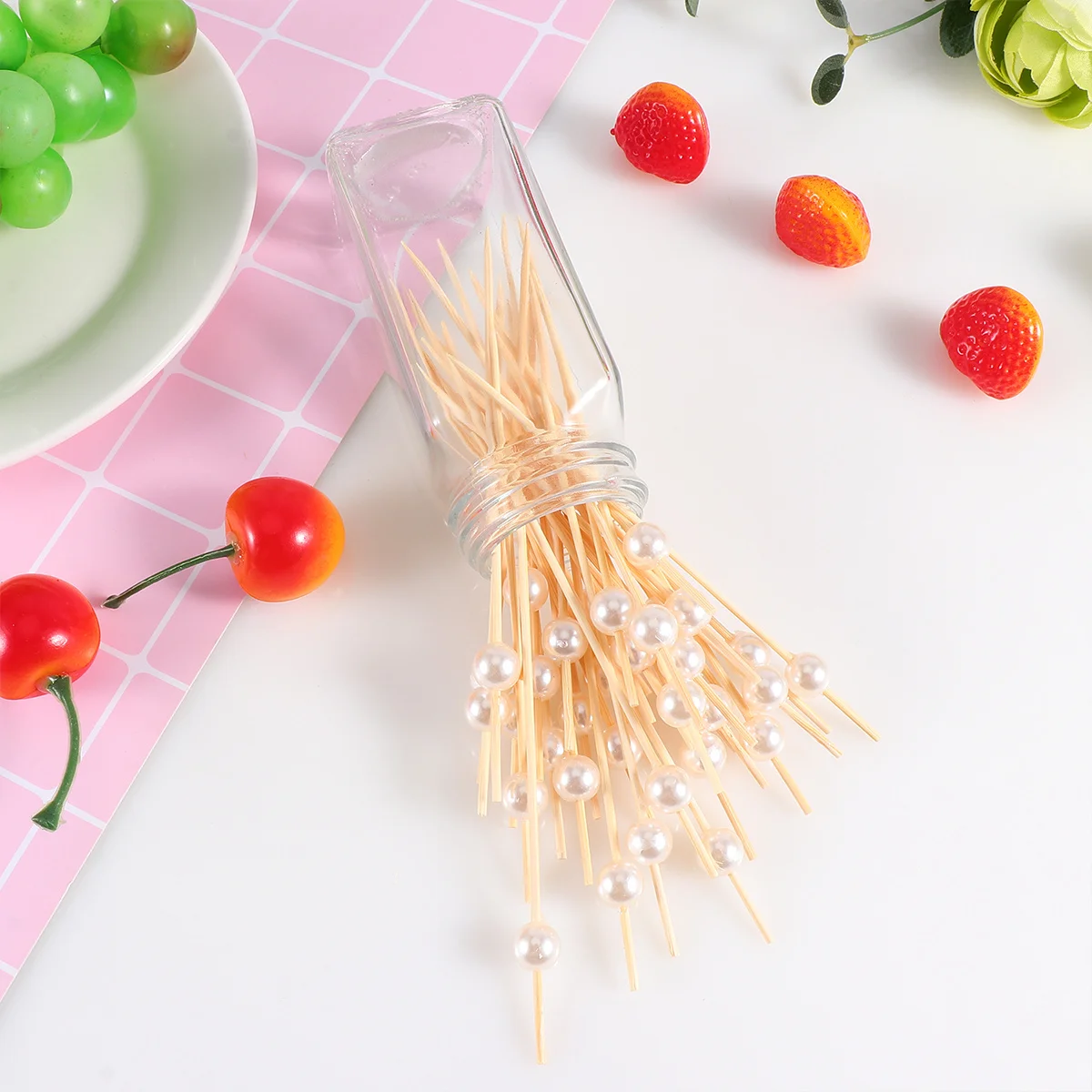 

300Pcs Pearl Decor Cocktail Picks Handmade Wooden Fruit Sticks for Bar Home Club Party Fruit Picks Cocktail Stick