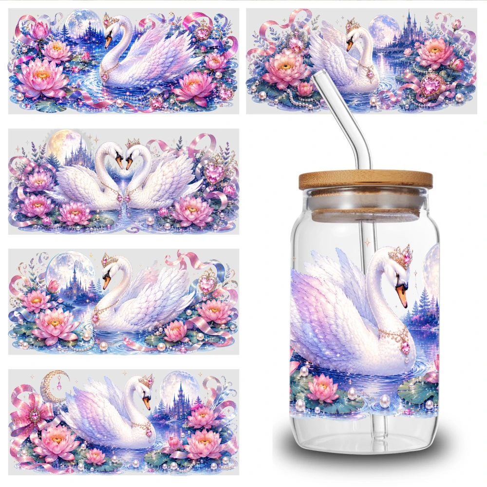 5 Sheets Swan Lotus Fantasy UV DTF Stickers Suitable for 16 oz Glass DIY Water Bottle Glass Plastic Self-Adhesive Labels