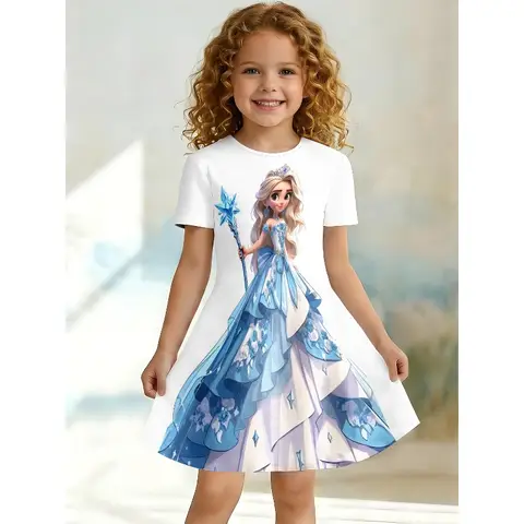 Girl Ice Princess Printed T-shirt Dress, Blue and White Fairy Tale Children's Party Casual Dress Suitable for Birthday Gifts