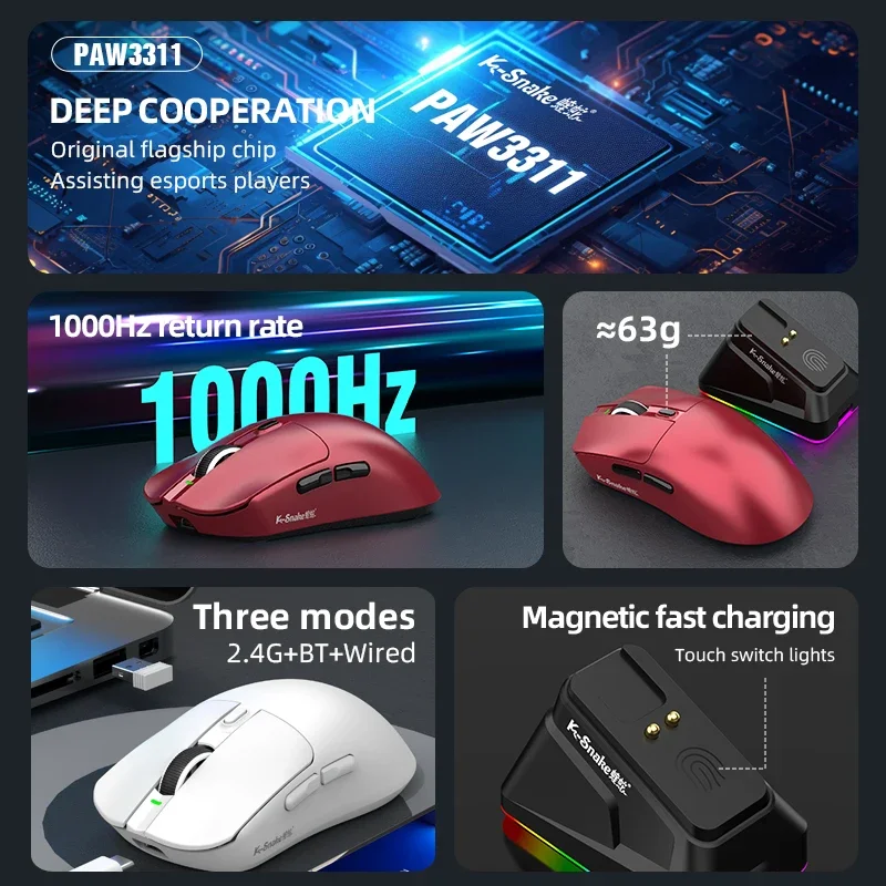 Mouse Gamer Sem Fio K-Snake X11PM, 12000DPI, Taxa de Polling de 1000HZ, Sensor PAW3311, Base de Carregamento Magnética
