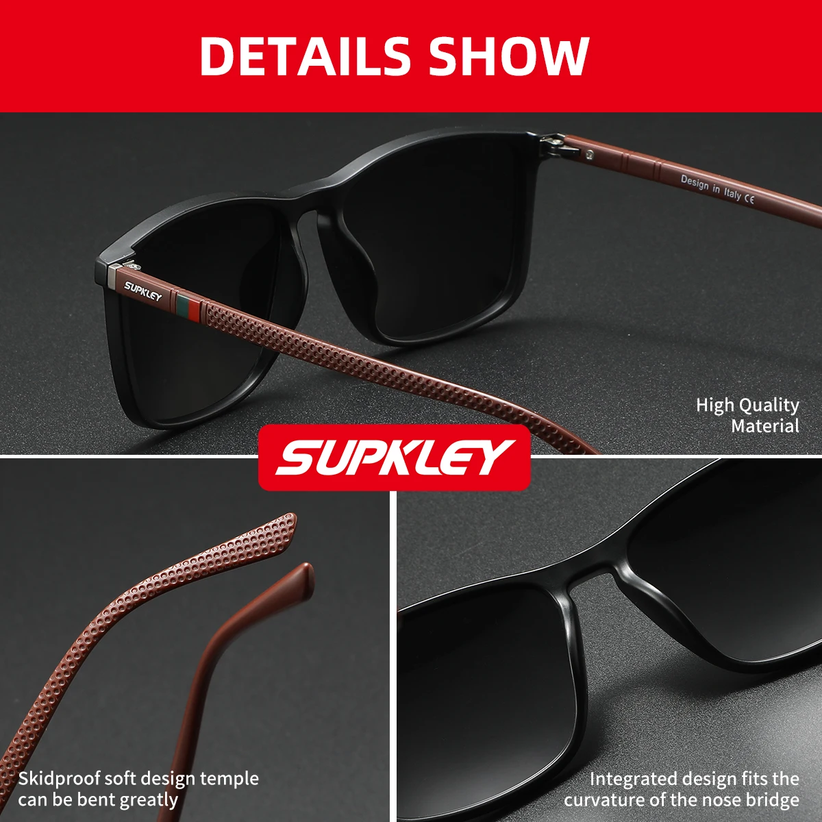 SUPKLEY 1 Stück Sportbrille, klassisch, quadratisch, polarisiert, Herren-Sonnenbrille, PC-Rahmen, modische UV400-Sonnenbrille für Damen und Herren – Detail 1