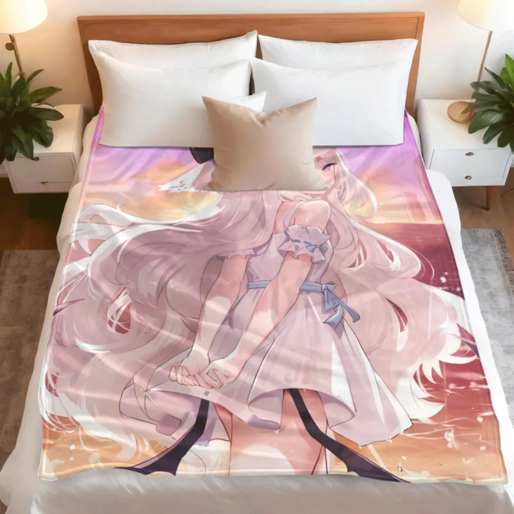 Anime Flannel Throw Blanket Hina Silver Wavy Hair Horn Girl Sun Hat Summer Dress Soft Warm Bedding Sofa Gift