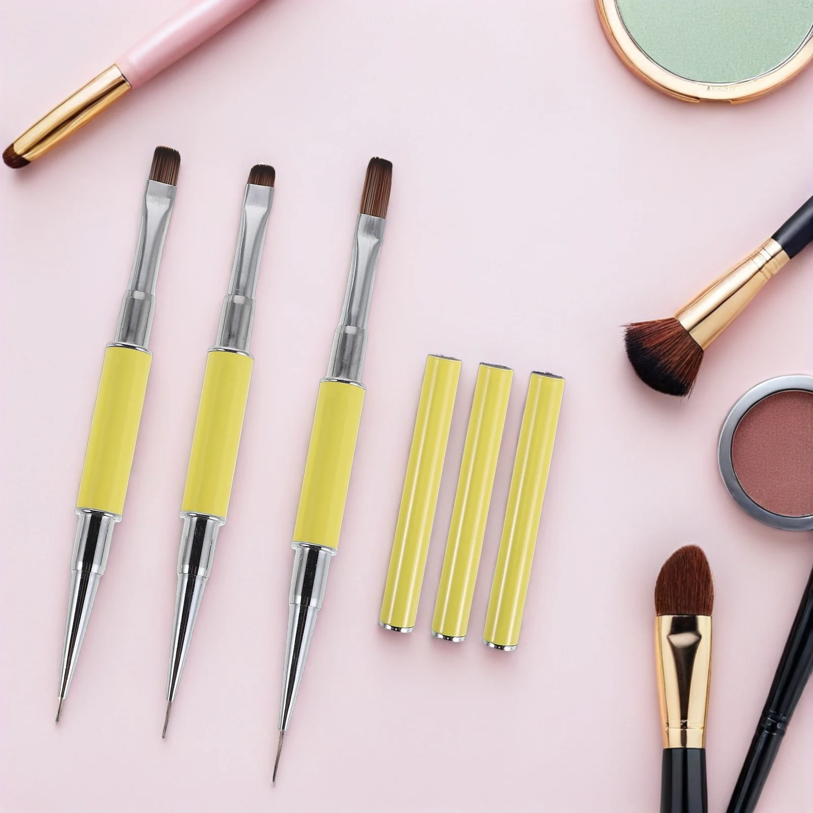 

3 Pcs Nail Art Brush Set Kit Manicure Brushes for Nails Fine Multifunctional Salon Supplies Yellow