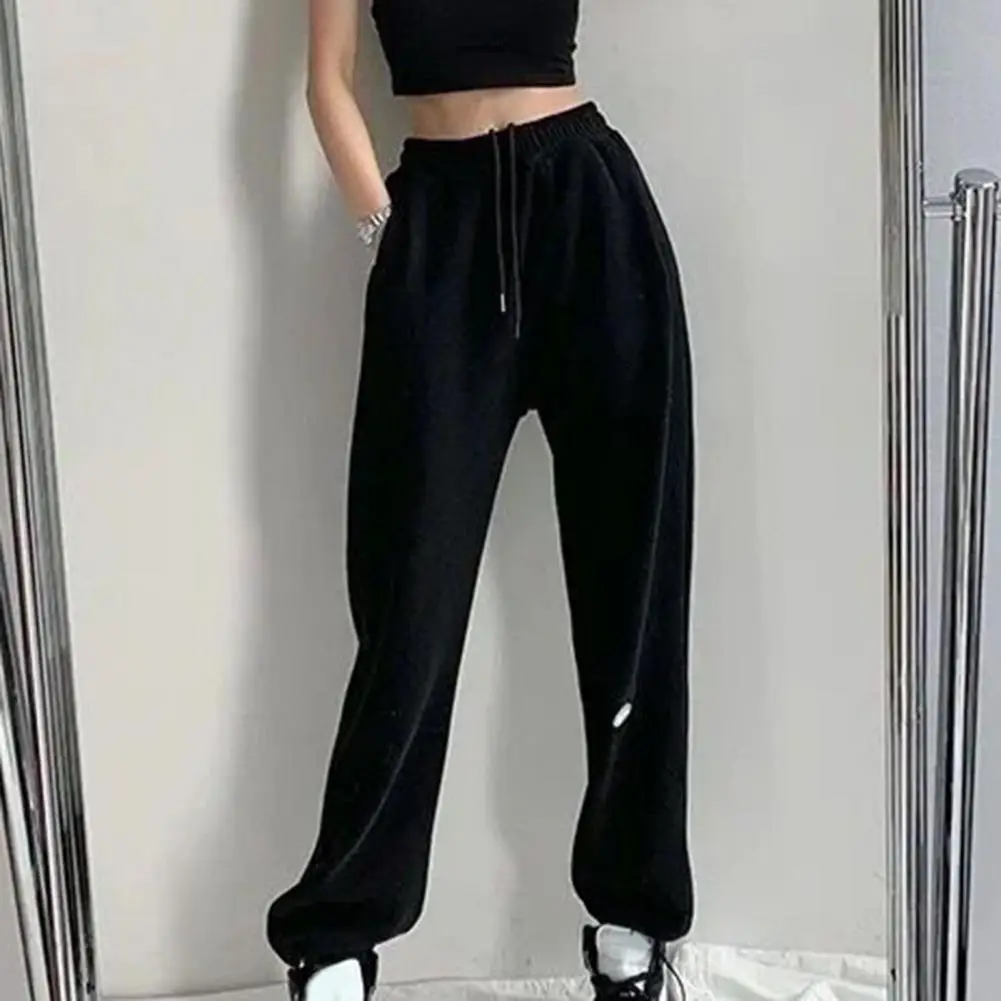 Cintura elástica Cordão Bolsos Tornozelo Banded Mulheres Sweatpants Outono Inverno Reta Perna Larga Cintura Alta Jogger Calças