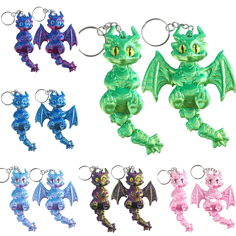 ثلاثية الأبعاد مطبوعة لطيف التنين المفاتيح مع يتقلص المنقولة أجنحة الذيل الإبداعية متعددة المفاصل المنقولة محاكاة الحيوان قلادة الاطفال هدية