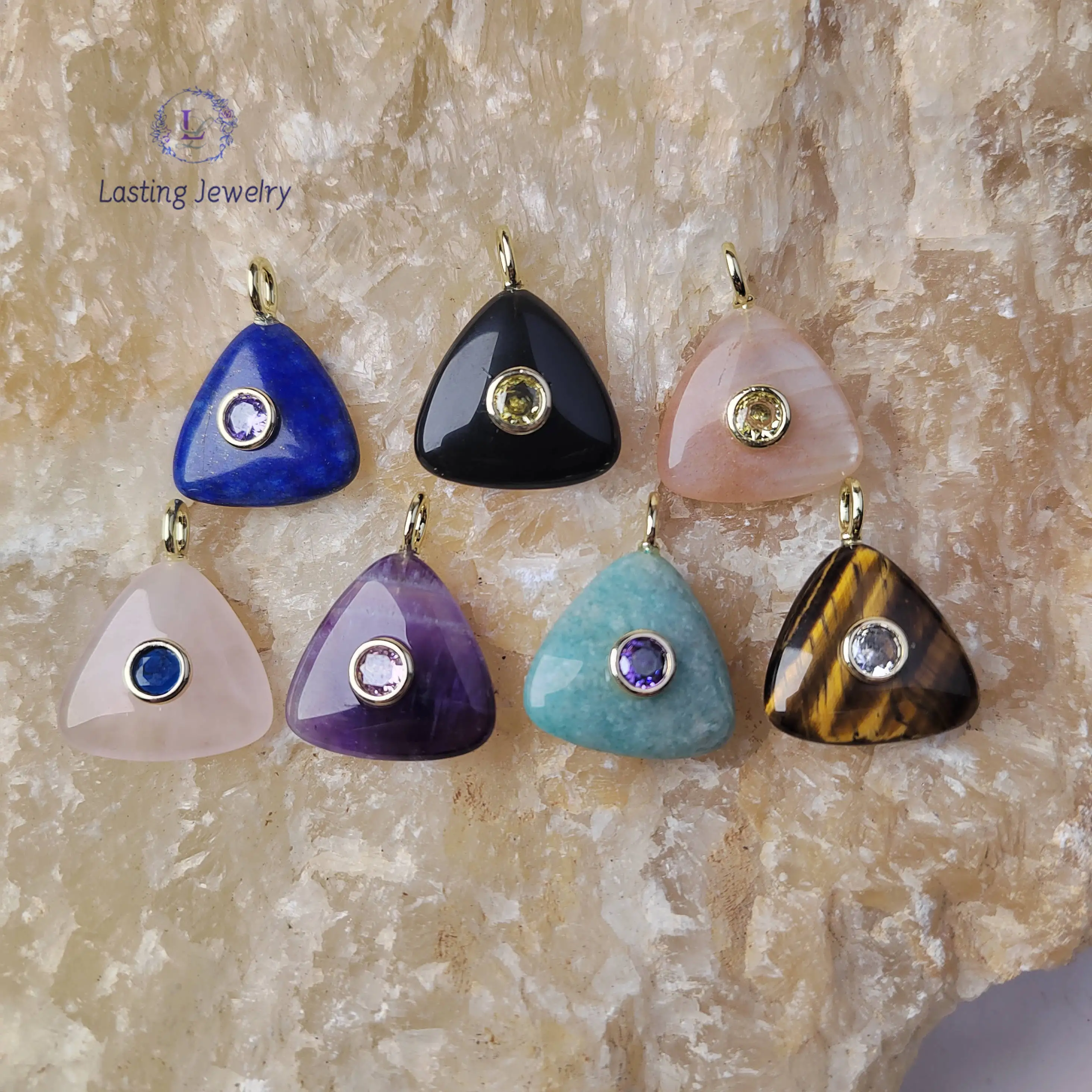 

Triangle Quartz Pendants With Inlaid Zircon Beads Charms Sunstone Lapis Amethyst Amazonite Gemstone For Necklace Jewelry Making